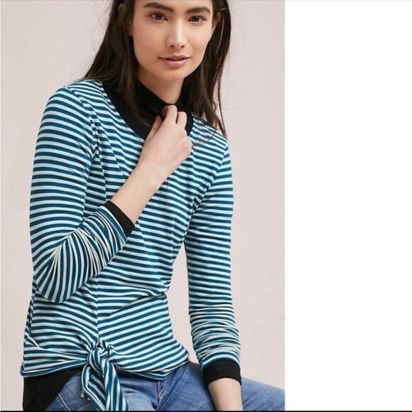 T.la striped -580 top hip tie long sleeve‎ green Small - Picture 1 of 7